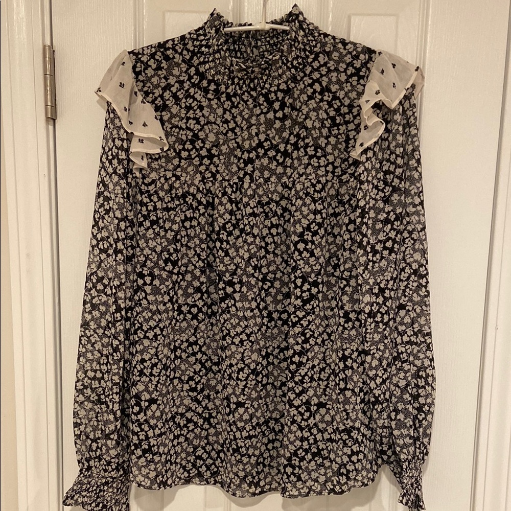 Ann Taylor Factory Black and White Ruffled Long Sleeve Blouse